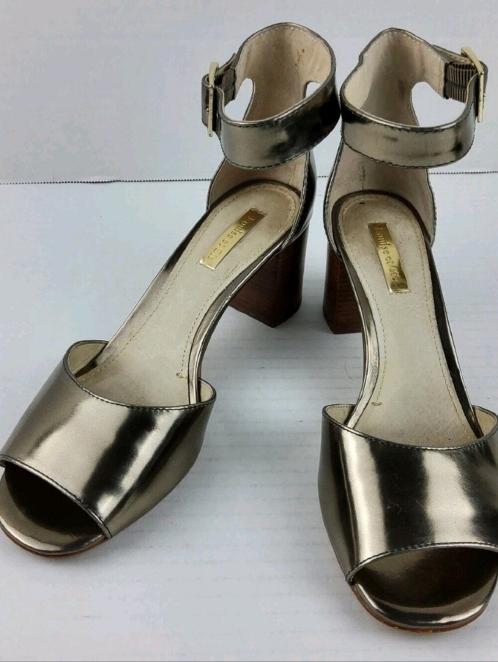 Louise Et Cie Karisa Metallic Bronze Ankle-Strap Block Heel Sandals Size 7